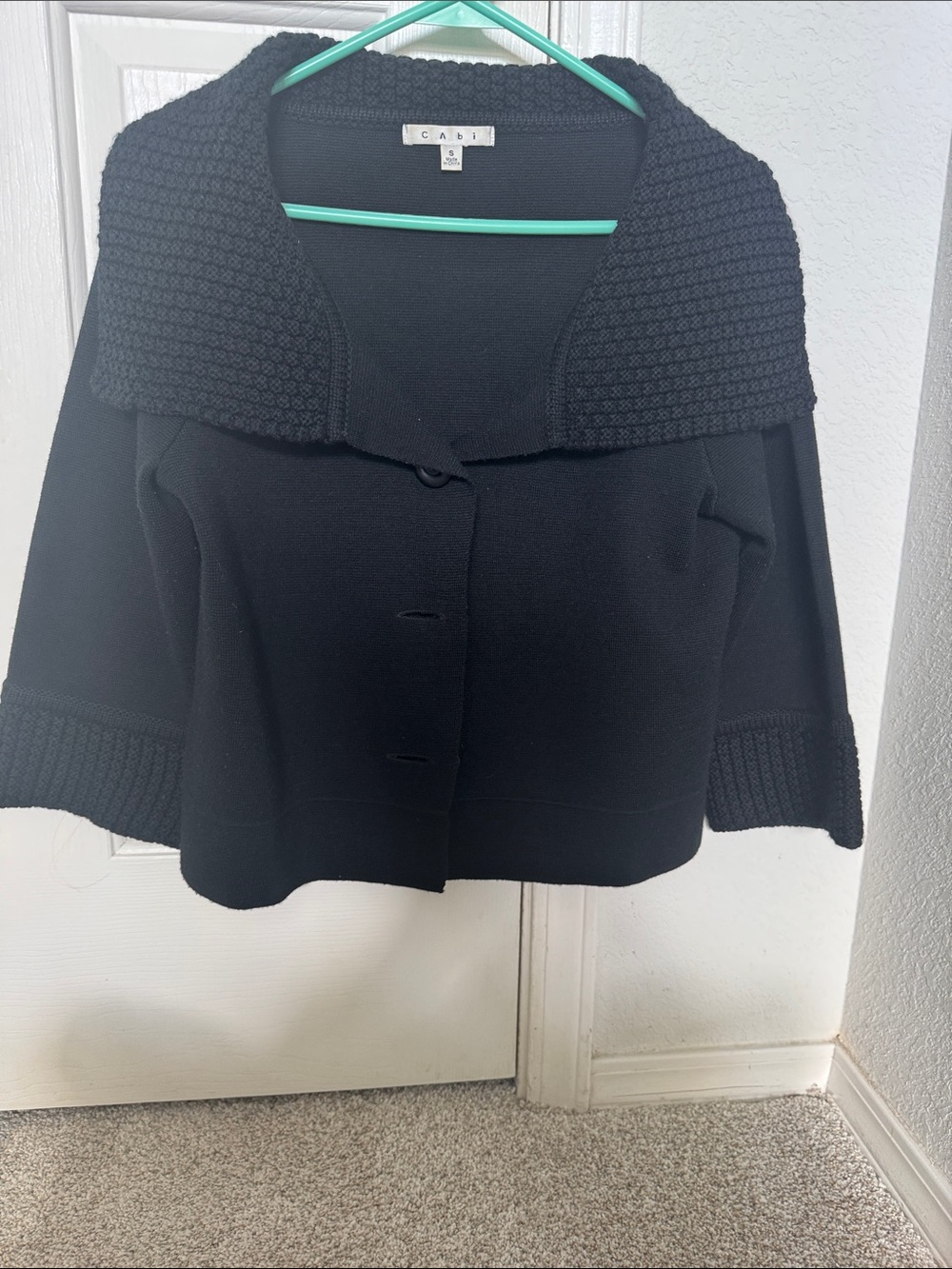 CAbi Black Textured Shawl-Collar Cropped Cardigan Jacket